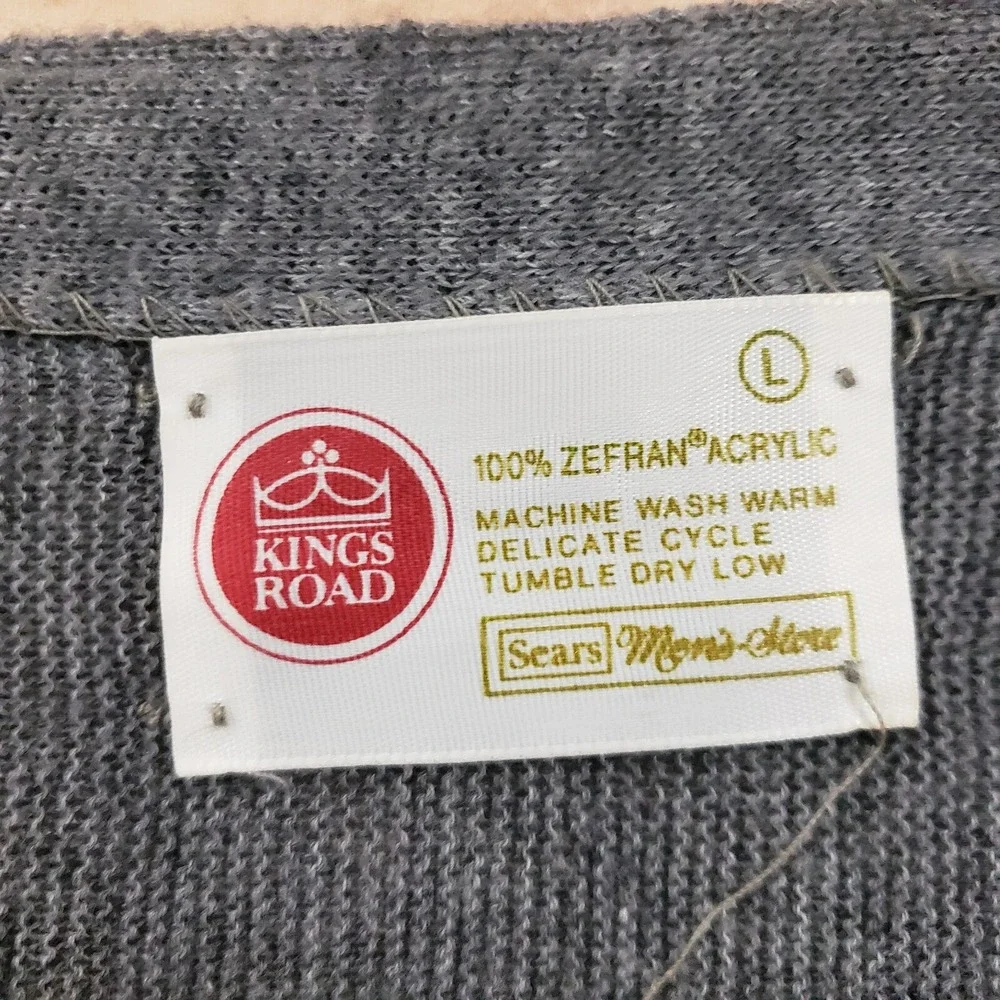 VINTAGE Kings Road‎ Sweater Mens Large Gray Cardigan Knit Open Front Preppy